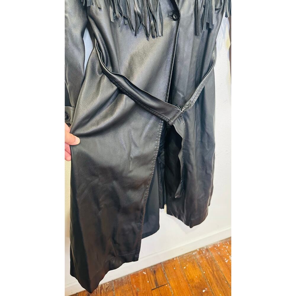 JASON WU Black Faux Leather Long Fringe Trench Style Tie Waist Jacket size XS - Picture 12 of 16